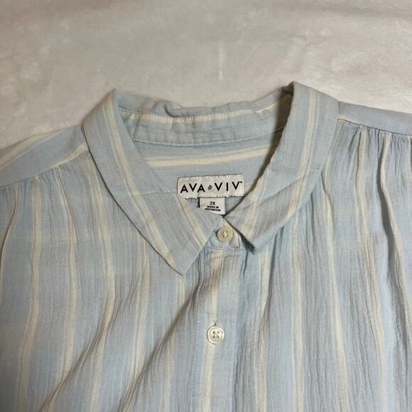 Ava & Viv Stripe Short Sleeve Button Up Shirt Size 2X Cotton Lightweight Coastal - Picture 3 of 7